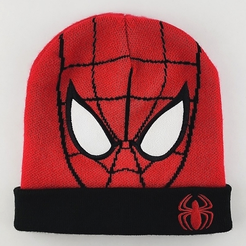 Marvel Kids Spider-Man Red Black Toque Knit Hat  Stretch Foldover Hem OSFM